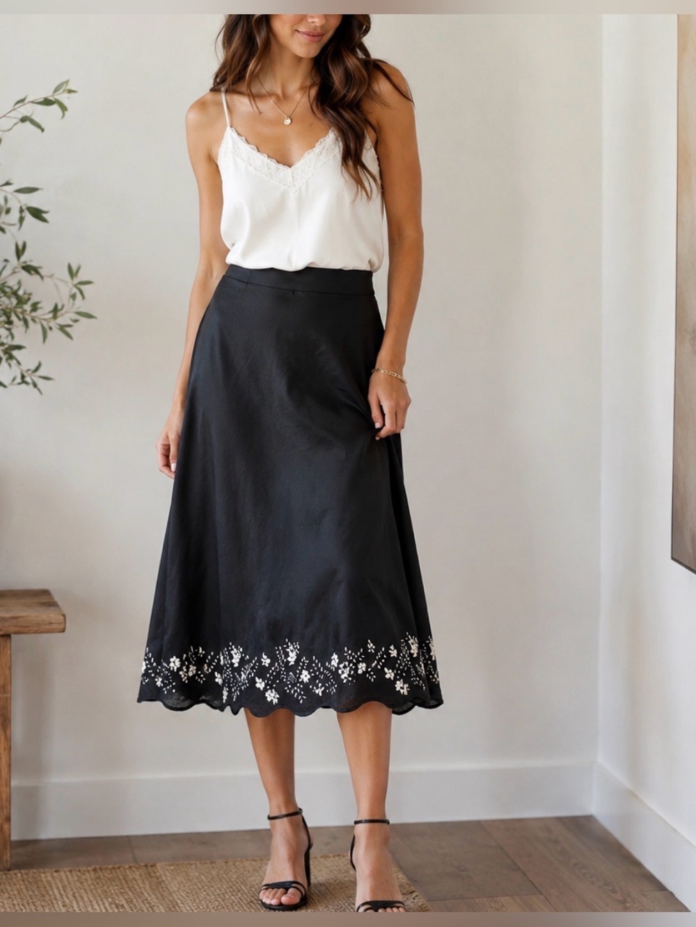 Silkland 8 black beaded shell embroidered hem coastal vacation boho midi skirt
